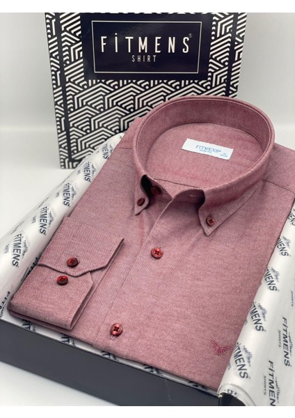 Slim Fit Uzun Kol Pamuklu Hediye Kutulu Kolay Ütülenebilir Erkek Gömlek FS-002225 - Bordo