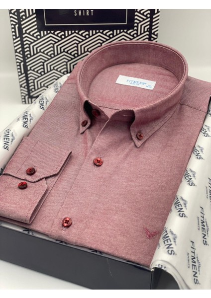 Slim Fit Uzun Kol Pamuklu Hediye Kutulu Kolay Ütülenebilir Erkek Gömlek FS-002225 - Bordo fiyatları