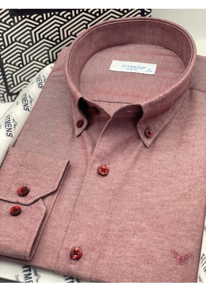 Slim Fit Uzun Kol Pamuklu Hediye Kutulu Kolay Ütülenebilir Erkek Gömlek FS-002225 - Bordo modelleri