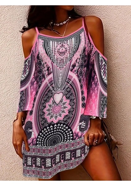 Kadın Askılı Omuzlardan Açık Fakir Kol Desenli Kısa Süprem Elbise