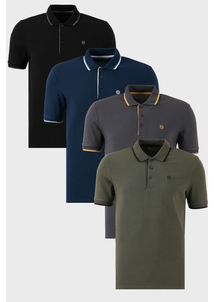 Pamuklu Slim Fit Şerit Detaylı Düğmeli Polo Yaka 4'lü Paket T Shirt Erkek T SHİRT 5902118S4