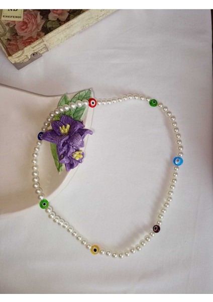 Inci Kolye Nazar Boncuklu(Cam) Krem Renk Incili Boncuk Misina Ipli Esnek Hediye 58CM modelleri