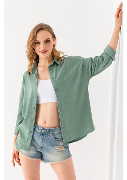 Kadın Uzun Kol Regular Fit Jakarlı Gömlek Yeşil - 25Y 10039