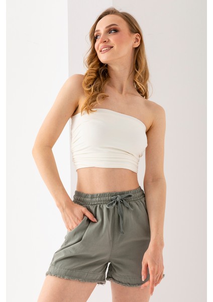 Kadın Beli Lastikli Cepli Pis Paça Kısa Şort Haki - 25YP 5322