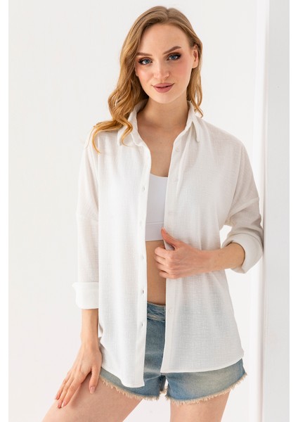 Kadın Uzun Kol Regular Fit Jakarlı Gömlek Beyaz - 25Y 10039
