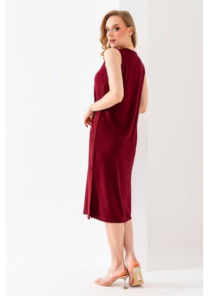 Kadın Bisiklet Yaka Kolsuz Yırtmaçlı Elbise Bordo - 25Y 6267