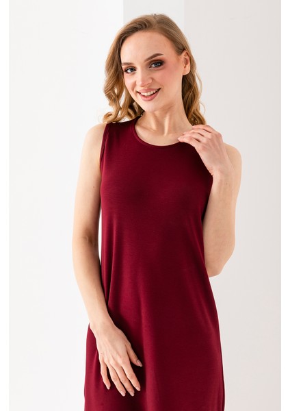 Kadın Bisiklet Yaka Kolsuz Yırtmaçlı Elbise Bordo - 25Y 6267