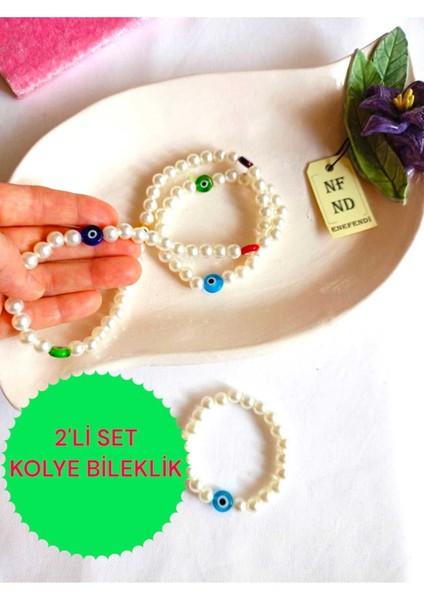 2li Set Inci Kolye Nazar Boncuklu(Cam) ve Bileklik Krem Incili Boncuk Misina Ipli Esnek Hediye