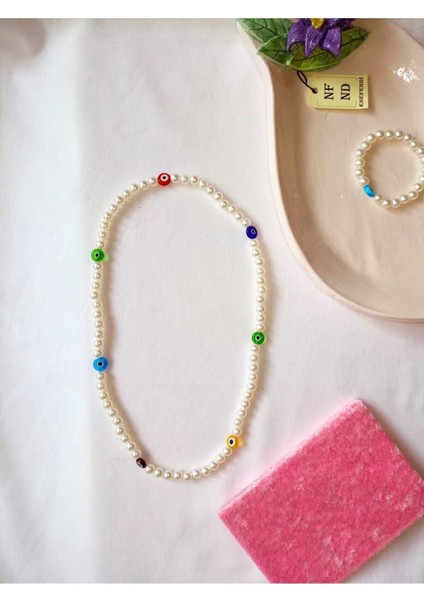 2li Set Inci Kolye Nazar Boncuklu(Cam) ve Bileklik Krem Incili Boncuk Misina Ipli Esnek Hediye fiyatları