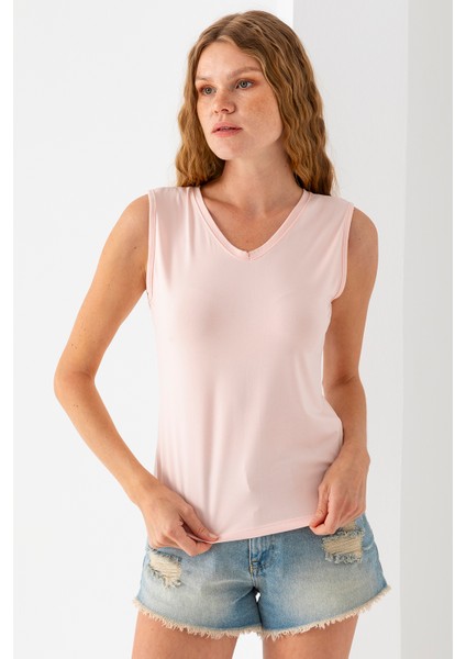 Kadın Ön Arka V Yaka Kolsuz Basic Bluz Pembe - 925083