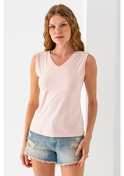 Kadın Ön Arka V Yaka Kolsuz Basic Bluz Pembe - 925083