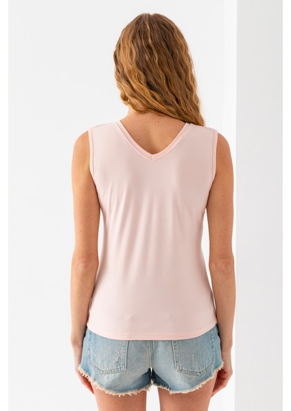 Kadın Ön Arka V Yaka Kolsuz Basic Bluz Pembe - 925083