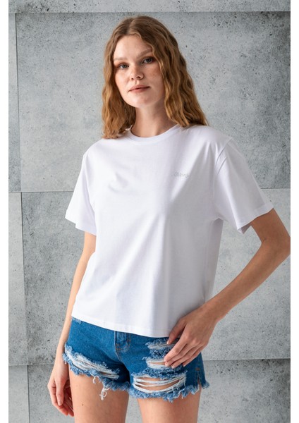 Kadın Bisiklet Yaka Taş Baskılı Pamuklu T-Shirt Beyaz - 925023