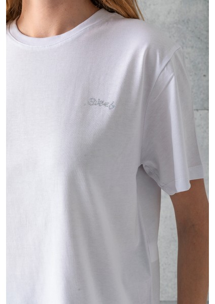 Kadın Bisiklet Yaka Taş Baskılı Pamuklu T-Shirt Beyaz - 925023