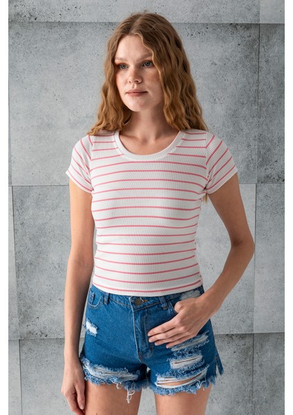 Kadın Bisiklet Yaka Kısa Kollu Çizgili Body Pembe – 25506