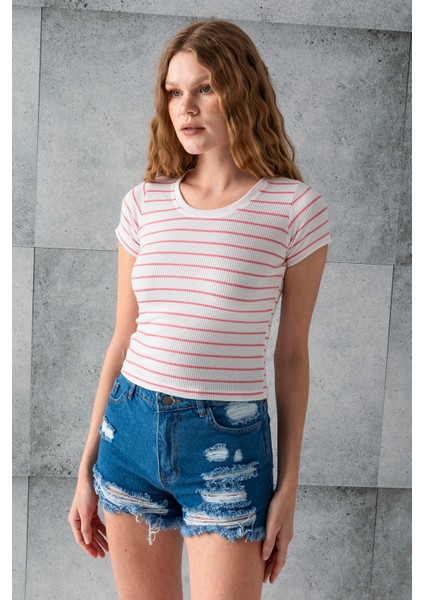 Kadın Bisiklet Yaka Kısa Kollu Çizgili Body Pembe – 25506