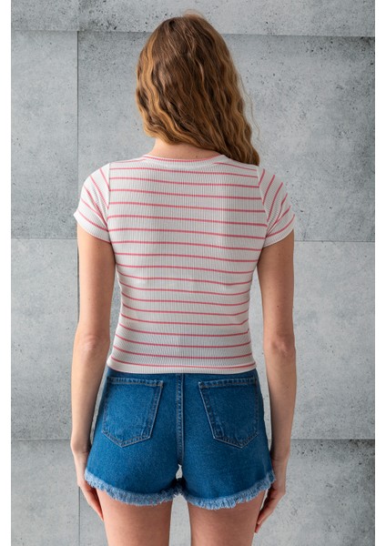 Kadın Bisiklet Yaka Kısa Kollu Çizgili Body Pembe – 25506