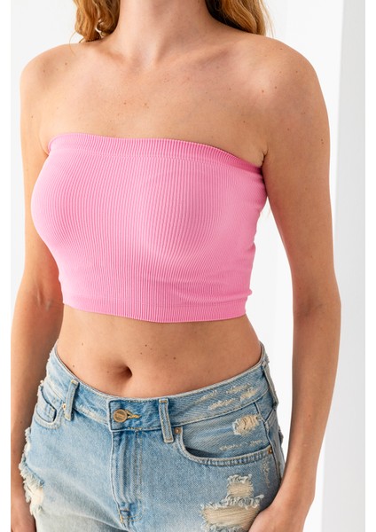 Kadın Straplez Yaka Fitilli Crop Pembe - MS0000245