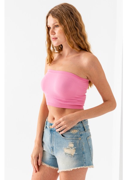 Kadın Straplez Yaka Fitilli Crop Pembe - MS0000245