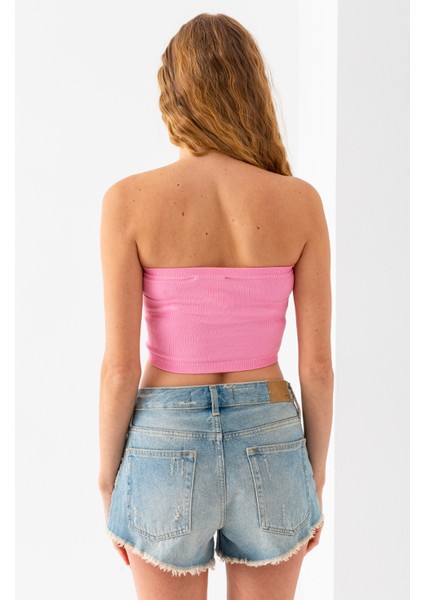 Kadın Straplez Yaka Fitilli Crop Pembe - MS0000245