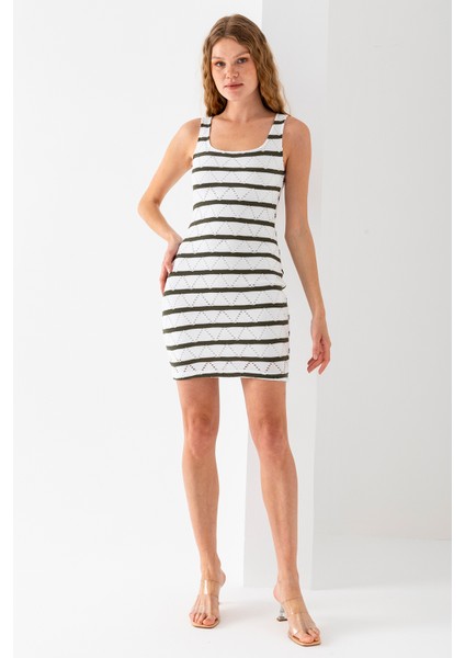 Kadın Askılı U Yaka Astarlı Örme Detaylı Elbise Yeşil - 5095