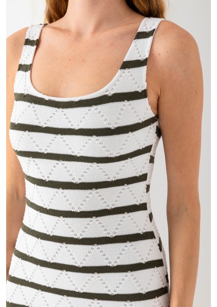 Kadın Askılı U Yaka Astarlı Örme Detaylı Elbise Yeşil - 5095