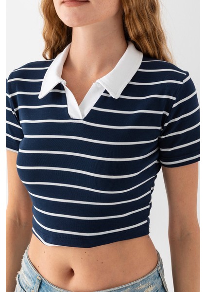 Kadın Polo Yaka Çizgili Pamuklu T-Shirt Lacivert Beyaz - 25795