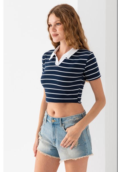 Kadın Polo Yaka Çizgili Pamuklu T-Shirt Lacivert Beyaz - 25795