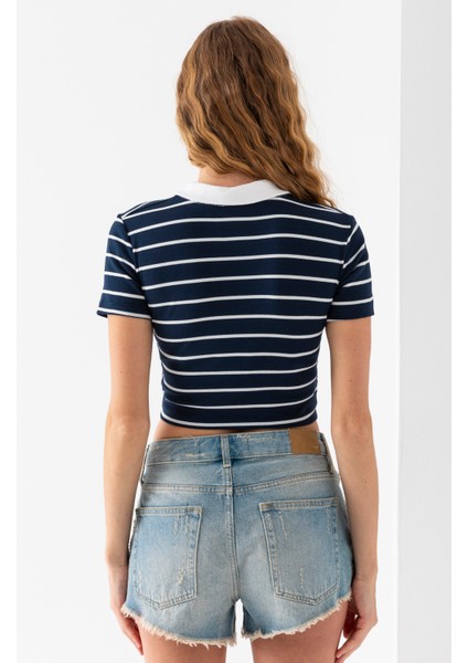 Kadın Polo Yaka Çizgili Pamuklu T-Shirt Lacivert Beyaz - 25795