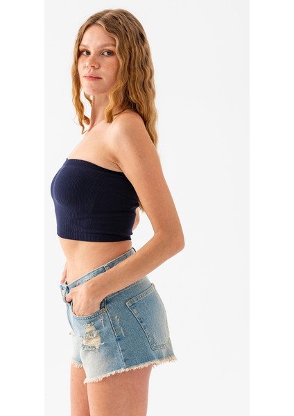 Kadın Straplez Yaka Fitilli Crop Lacivert - MS0000245