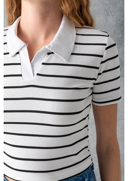 Kadın Polo Yaka Çizgili Pamuklu T-Shirt Beyaz Siyah - 25795