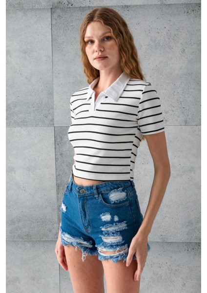 Kadın Polo Yaka Çizgili Pamuklu T-Shirt Beyaz Siyah - 25795