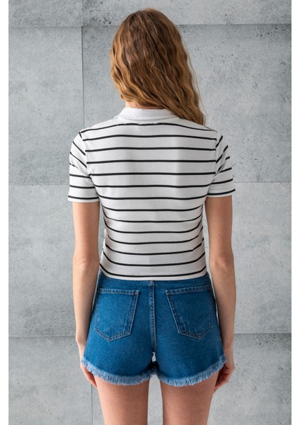 Kadın Polo Yaka Çizgili Pamuklu T-Shirt Beyaz Siyah - 25795