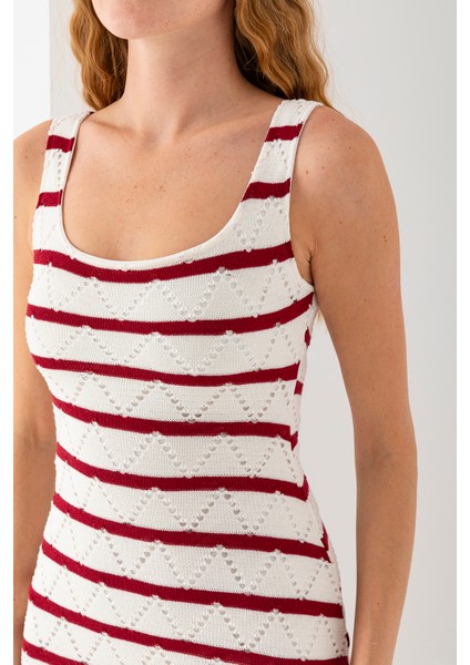 Kadın Askılı U Yaka Astarlı Örme Detaylı Elbise Bordo - 5095