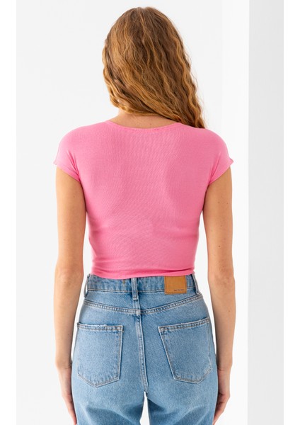 Kadın Bisiklet Yaka Fiyonk Aksesuarlı Crop T-Shirt Pembe - 25805