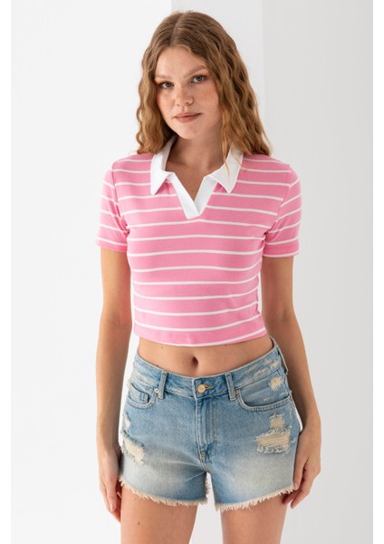 Kadın Polo Yaka Çizgili Pamuklu T-Shirt Pembe Beyaz - 25795