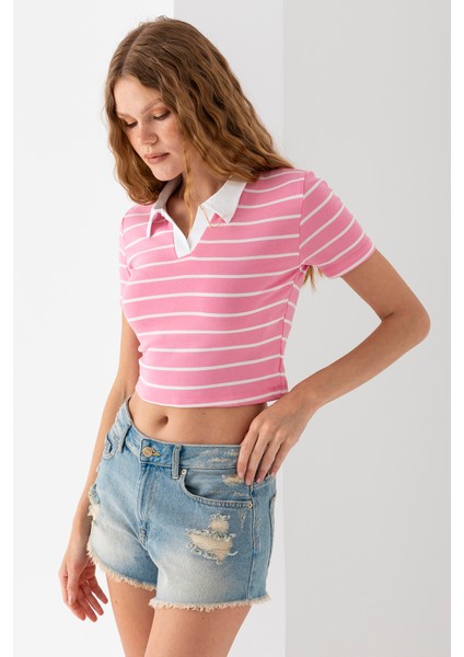 Kadın Polo Yaka Çizgili Pamuklu T-Shirt Pembe Beyaz - 25795