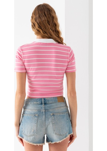 Kadın Polo Yaka Çizgili Pamuklu T-Shirt Pembe Beyaz - 25795