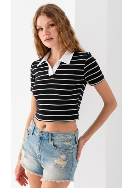 Kadın Polo Yaka Çizgili Pamuklu T-Shirt Siyah Beyaz - 25795