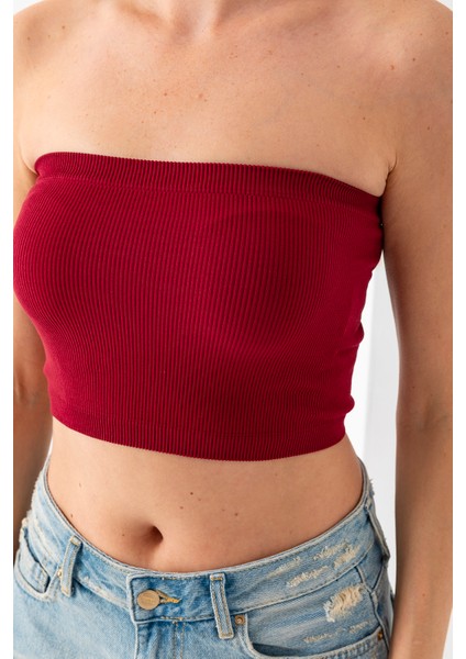 Kadın Straplez Yaka Fitilli Crop Bordo - MS0000245