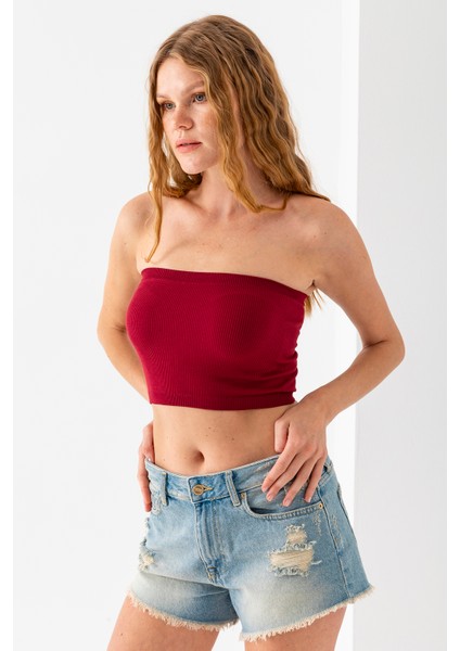 Kadın Straplez Yaka Fitilli Crop Bordo - MS0000245