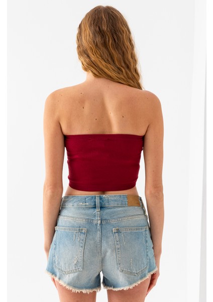 Kadın Straplez Yaka Fitilli Crop Bordo - MS0000245
