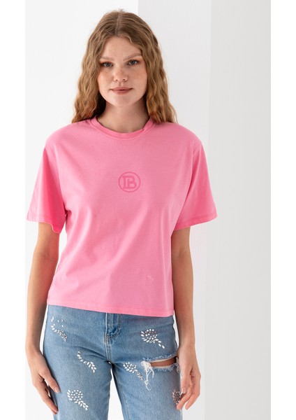 Kadın Bisiklet Yaka Baskılı %100 Pamuklu T-Shirt Pembe - 925024