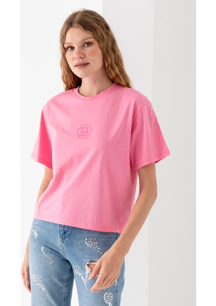 Kadın Bisiklet Yaka Baskılı %100 Pamuklu T-Shirt Pembe - 925024