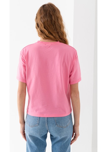 Kadın Bisiklet Yaka Baskılı %100 Pamuklu T-Shirt Pembe - 925024
