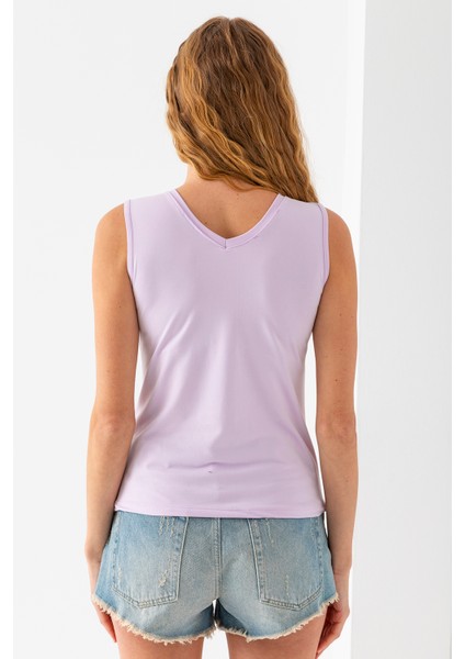 Kadın Ön Arka V Yaka Kolsuz Basic Bluz Lila - 925083