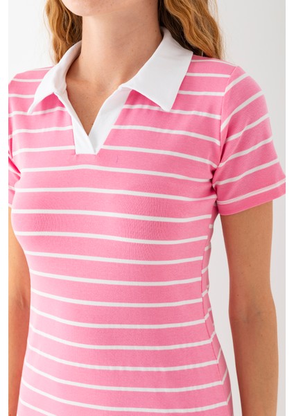 Kadın Polo Yaka Kısa Kollu Çizgili Elbise Pembe Beyaz - 25538