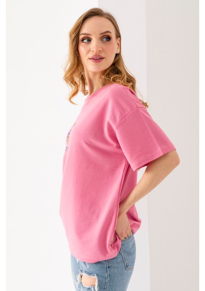 Kadın Bisiklet Yaka Ayıcık Baskılı T-Shirt Pembe - 25764