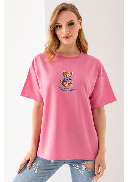 Kadın Bisiklet Yaka Ayıcık Baskılı T-Shirt Pembe - 25764