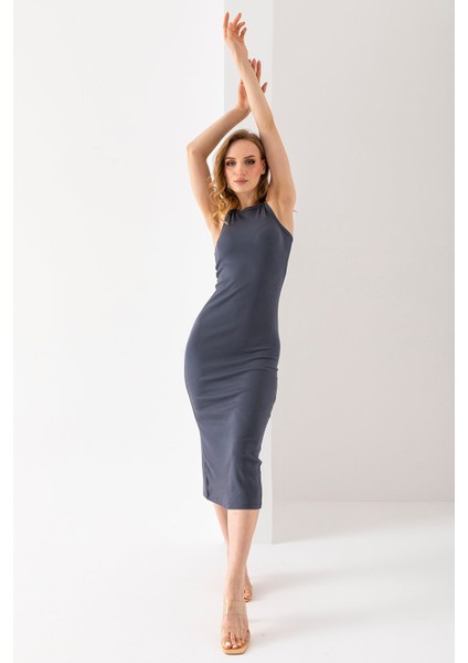 Kadın Bisiklet Yaka Yırtmaçlı Kaşkorse Elbise Antrasit - MS0000521